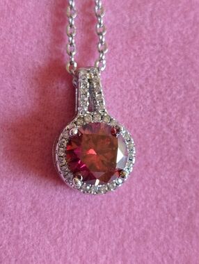 Moissanite 2 Carat Watermelon Red Halo Pendant Necklace in Silver Tone